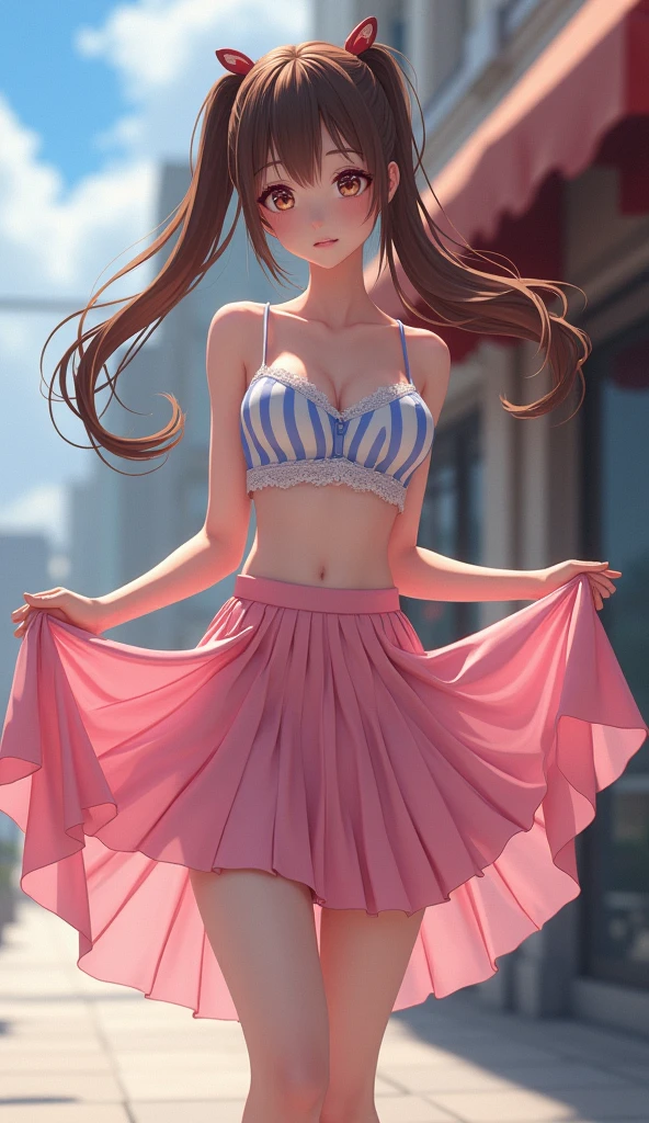 (8 year old girl、）Sweaty、just before the sun goes down、Thigh zoom emphasis、Beautiful sunset、Realistic、Long Wavy Hair(10 year old girl)、Close-up from the ground、Climbing the stone steps of a mountain in summer、Butt Emphasis、Turquoise mini skirt and pink polka dot panties、Tight Berry Short Mini Skirt