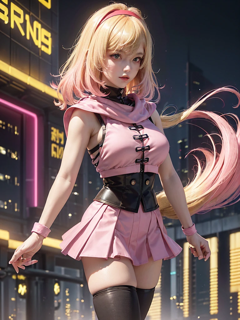 There are two beauties,Wear pink,huge tit,The hair is all pink,Tied ponytail。One of them wore a pink translucent jumpsuit,She wears pink shorts,Wear pink translucent stockings,All show sexy,Stand on the street,Lots of people nearby,is in night,background inside dark,The kinky is exposed,nakeness