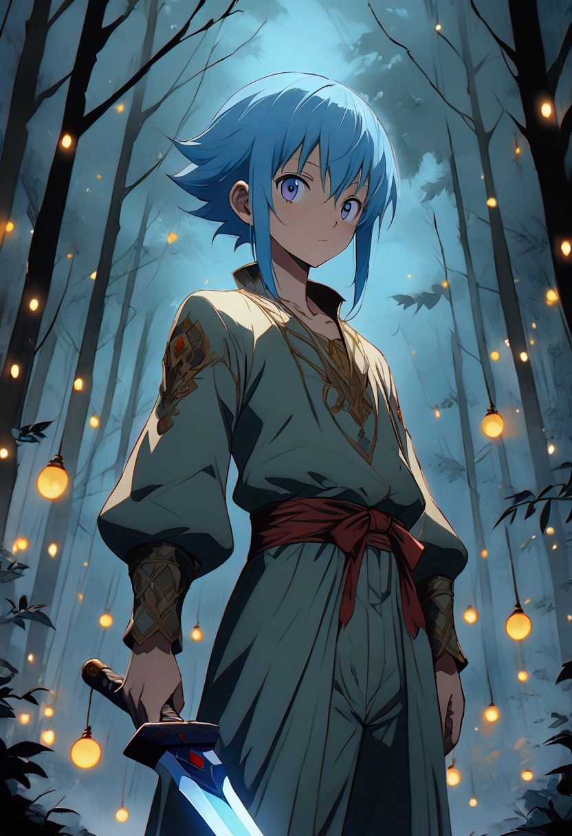 "Rimuru Tempest from Slime Data Ken anime looking at the camera holding his thunder sword prepared to fight, anime character, dark forest background, ultra detailed, low angle, anime style, kadokawa studio, fairy lights."