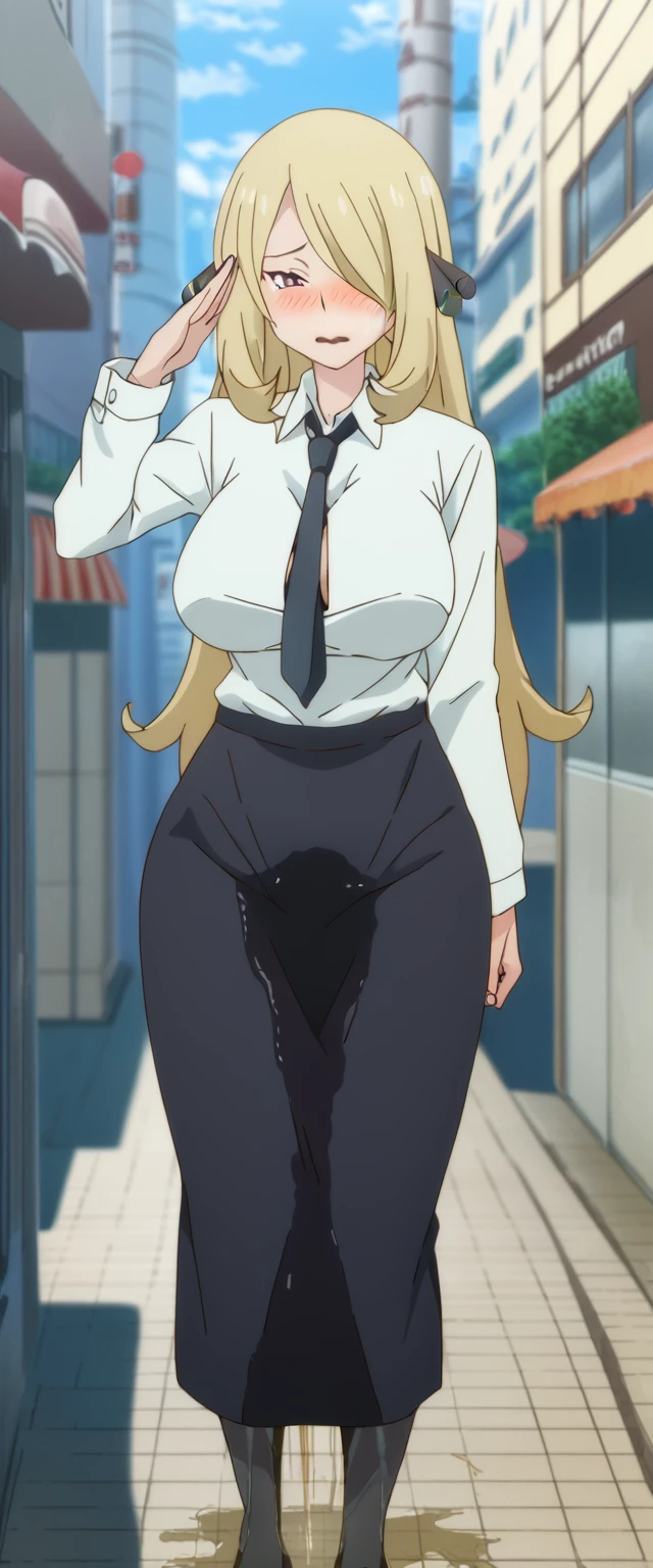 (high quality,Very detailed:1.37, High resolution), 2d, anime, anime style, anime source, Woman, Cynthia \(Pokemon\), business suit, necktie, (long skirt:1.25), (pencil skirt:1.5), pantyhose, huge breasts, cleavage, looking at viewer, masterpiece, best quality, (wetting self:1.5), desperation, embarrassed, humiliation, (blushing:2.0), (black lipstick:1.5), standing, (salute:1.5), city