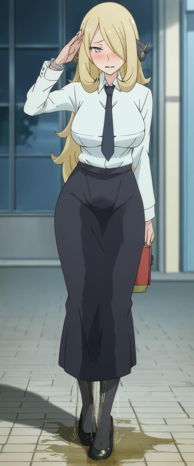 (high quality,Very detailed:1.37, High resolution), 2d, anime, anime style, anime source, Woman, Cynthia \(Pokemon\), business suit, necktie, (long skirt:1.25), (pencil skirt:1.5), pantyhose, huge breasts, cleavage, looking at viewer, masterpiece, best quality, (wetting self:1.5), desperation, embarrassed, humiliation, (blushing:2.0), (black lipstick:1.5), standing, (salute:1.5), city