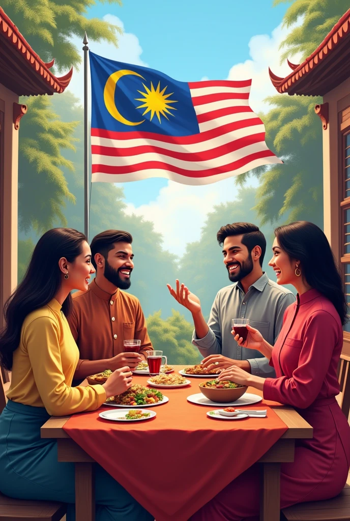 Malaysian independence poster written "Malaysia mThere isni" There is,nasi lemak or people dressed in Malay traditional clothes such as Chinese Indian Malay kurung and tiger clothes,orangutan,klcc,There is bendera malaysia,Malaysian fruit, all malaysian
