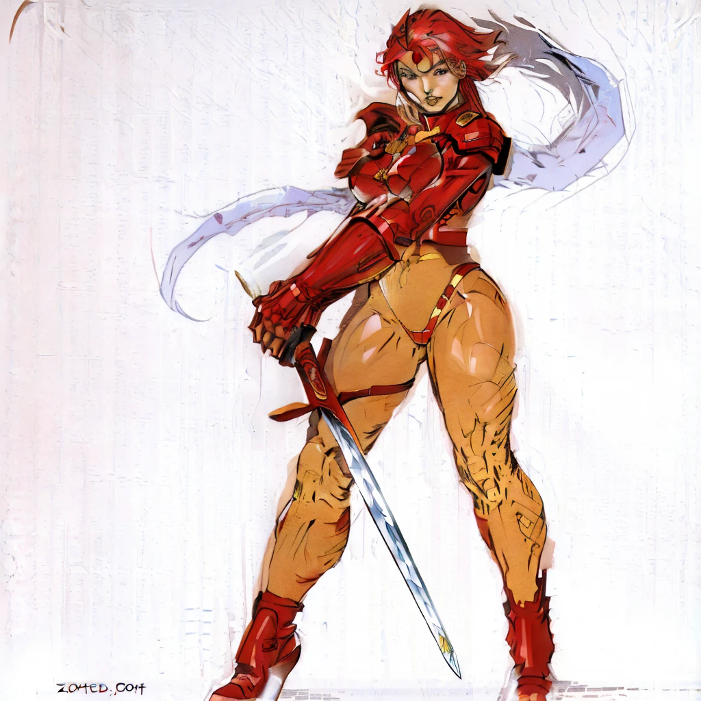 a female zealot in red armor holding a sword, inspired por Masamune Shirow, full body front pose