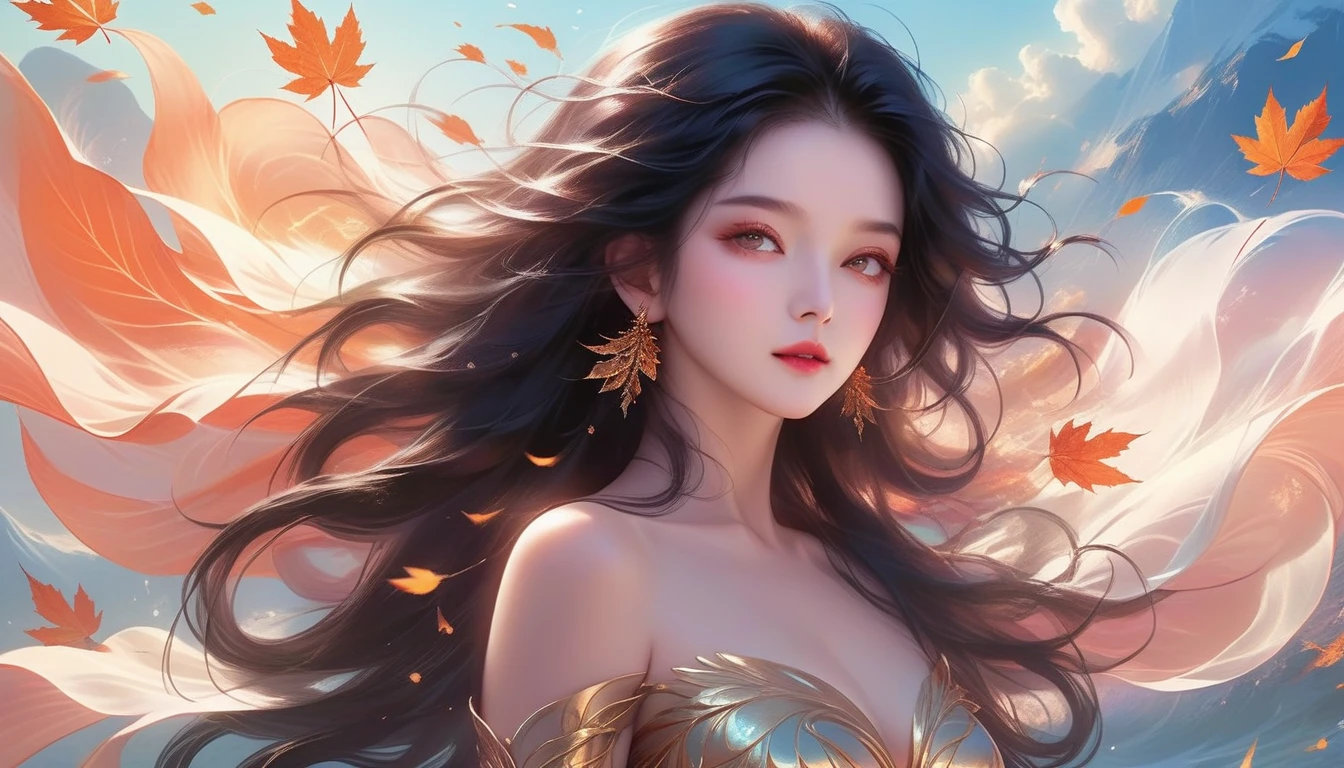 A Masterpiece In 32K Resolution, Supreme Quality, Super Detail, Official Art, Very High-Resolution 32K Wallpaper, Exquisite And Aesthetic, Ultra-Detailed Features, Awe-Inspiring Detail. A Mystical Landscape With (Falling Leaves), (Intricate Wind Patterns), And Skin With A Soft, Velvet Sheen (Highlight Her Ample Breasts). A Character With A Mysterious Expression, Flowing Black Hair, Slightly Tousled But Majestic, And Golden Eyes That Seem To Pierce Through The Soul. Her Features Are Delicate And Alluring, Lit By (Warm Sunset Glow). (Beautifully Detailed Beauty), With Subtle Shifts In Expression, Surrounded By An Otherworldly Aura. The Reflections On The Water Echo The Fine Details Of The Surroundings, With A (Timeless Face) Captured To Perfection. This Is An Ultra-Detailed Painting Of A Strikingly Delicate Figure, Showcasing An Ethereal Charm That Captivates The Viewer.