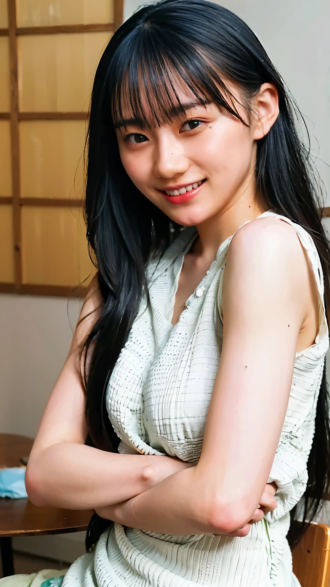 cowboy shot、summer、stage、One-piece school swimsuit、(upper body shot)
