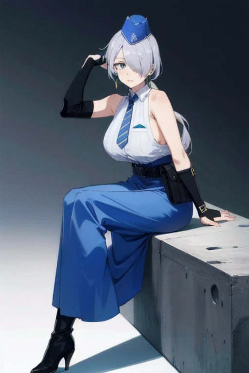 nikkebrid, large breasts, low ponytail, hair over one eye, earrings , garrison cap, sleeveless shirt, long skirt, blue necktie, belt pouch, elbow gloves, high heel boots