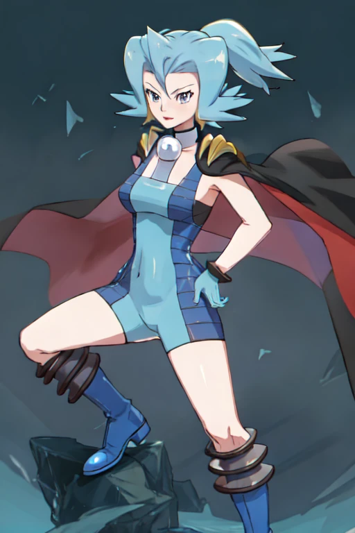 Clair \(pokemon\) bodysuit, blue bodysuit, two-tone bodysuit, bare shoulders, sleeveless, cape, black cape, purple cape, two-sided cape, necklace, collar, choker, gloves blue gloves, boots, knee boots, blue boots, blue footwear