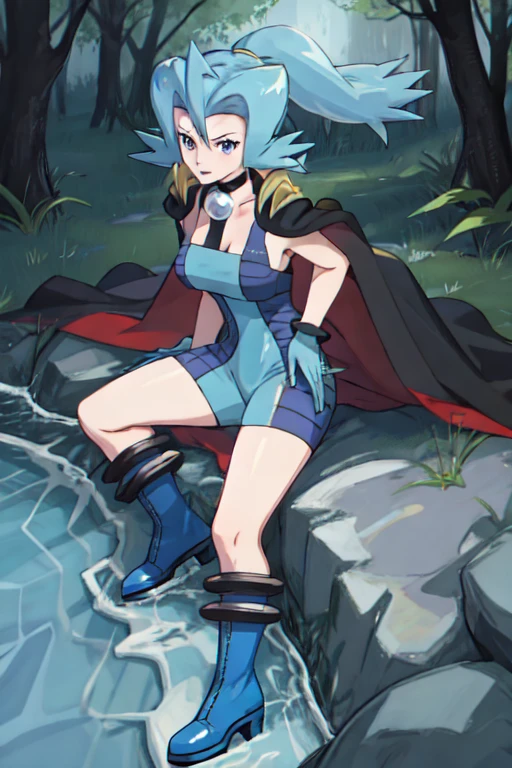 Clair \(pokemon\) bodysuit, blue bodysuit, two-tone bodysuit, bare shoulders, sleeveless, cape, black cape, purple cape, two-sided cape, necklace, collar, choker, gloves blue gloves, boots, knee boots, blue boots, blue footwear, forest