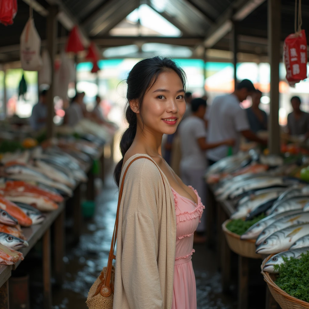 (Unsanitary and dirty fishing port, Seafood market in tourist area), ((30 years old、Beautiful woman)), ((Full nudity)), A vibrant seafood market, Long eyelashes, Beautiful Lips、smile, Expressive eyes, Beautiful Skin, High quality photos, Vibrant colors, Delicate depiction, short hair, Low Ponytail, Red lipstick, sexy, Nipples