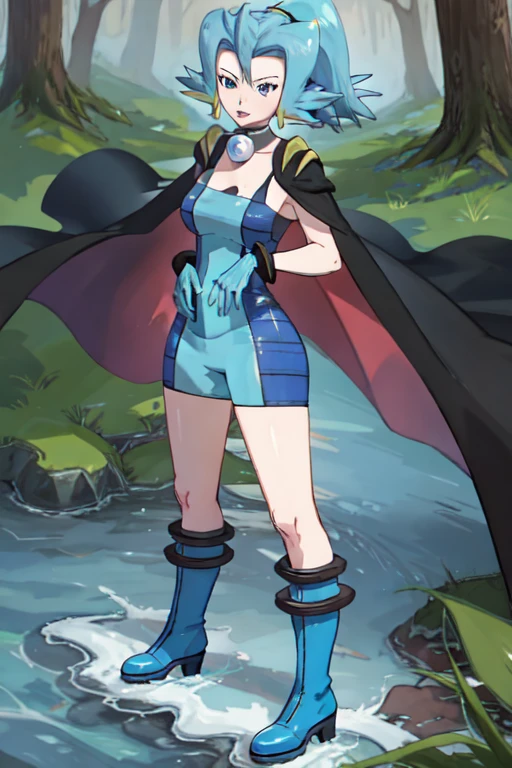 Clair \(pokemon\) bodysuit, blue bodysuit, two-tone bodysuit, bare shoulders, sleeveless, cape, black cape, purple cape, two-sided cape, necklace, collar, choker, gloves blue gloves, boots, knee boots, blue boots, blue footwear, forest