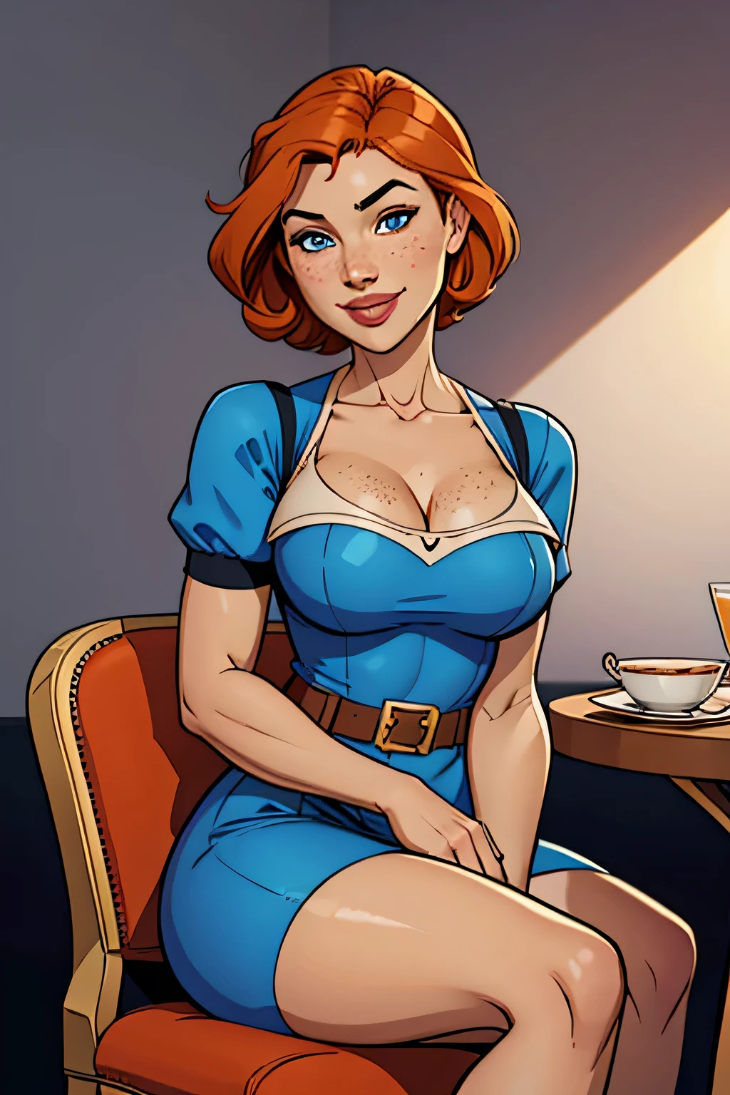 Athletic and slender woman, age 25, 8k (High definition), beautiful smiling, seducing gaze, blue colored eyes, wearing a blue dress ((v-neckline, puffy short sleeves)), brown belt, pele caucasiana, short straight orange hair ((at shoulder height)), sitting in an armchair, at the table ((upper body)), curvy with freckles on her chest and neck, big round breasts. High-quality Marvel style, white background.