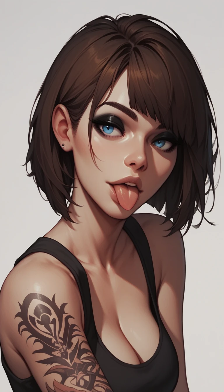 score_9, score_8_up, score_7_up, score_6_up, score_5_up, score_4_up, A cute woman, black sleeveless, cleavage, brown hair, bob cut hair, blue eyes, black eyeshadow, tattoo, sticking out her tongue