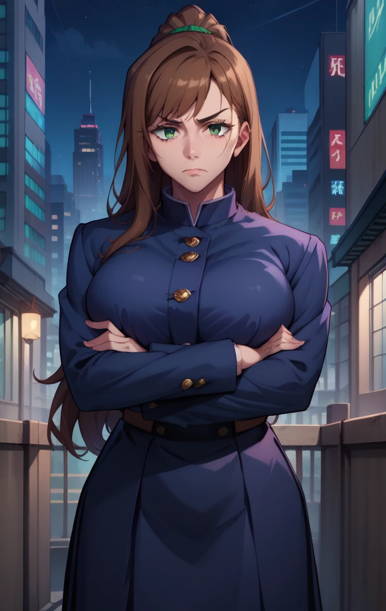 score_9, score_8_up, score_7_up, score_9,  1girl, solo, breasts, looking at viewer, disheveled long long hair in ponytail, bangs, skirt, large breasts, brown hair, long sleeves, green eyes, closed mouth, school uniform, jacket, night, crossed arms, blue jacket, building, city, gakuran, arms under breasts, cowboy shot 