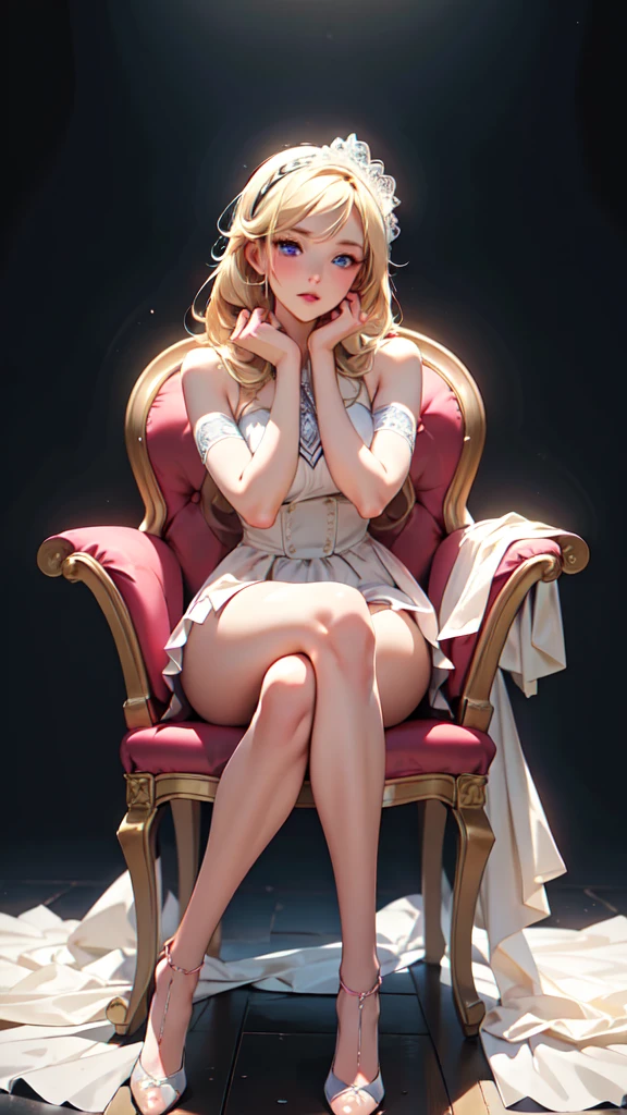 1girl, solo, elegant hair (full body: 1.1), (side at the viewer: 1.1), filmg , sweet_****ta, Best quality, masterpiece, blond hair, blue eyes, Exquisite mouth,Very detailed face, blush, Shiny wet skin, Pink lips, Delicate lips, one piece race queen cosplay outfit, garage background, low lighting, seated backward on a chair, with her arms draped over the backrest and her body leaning slightly forward. Her legs can be casually crossed or positioned confidently, creating a strong, assertive posture.