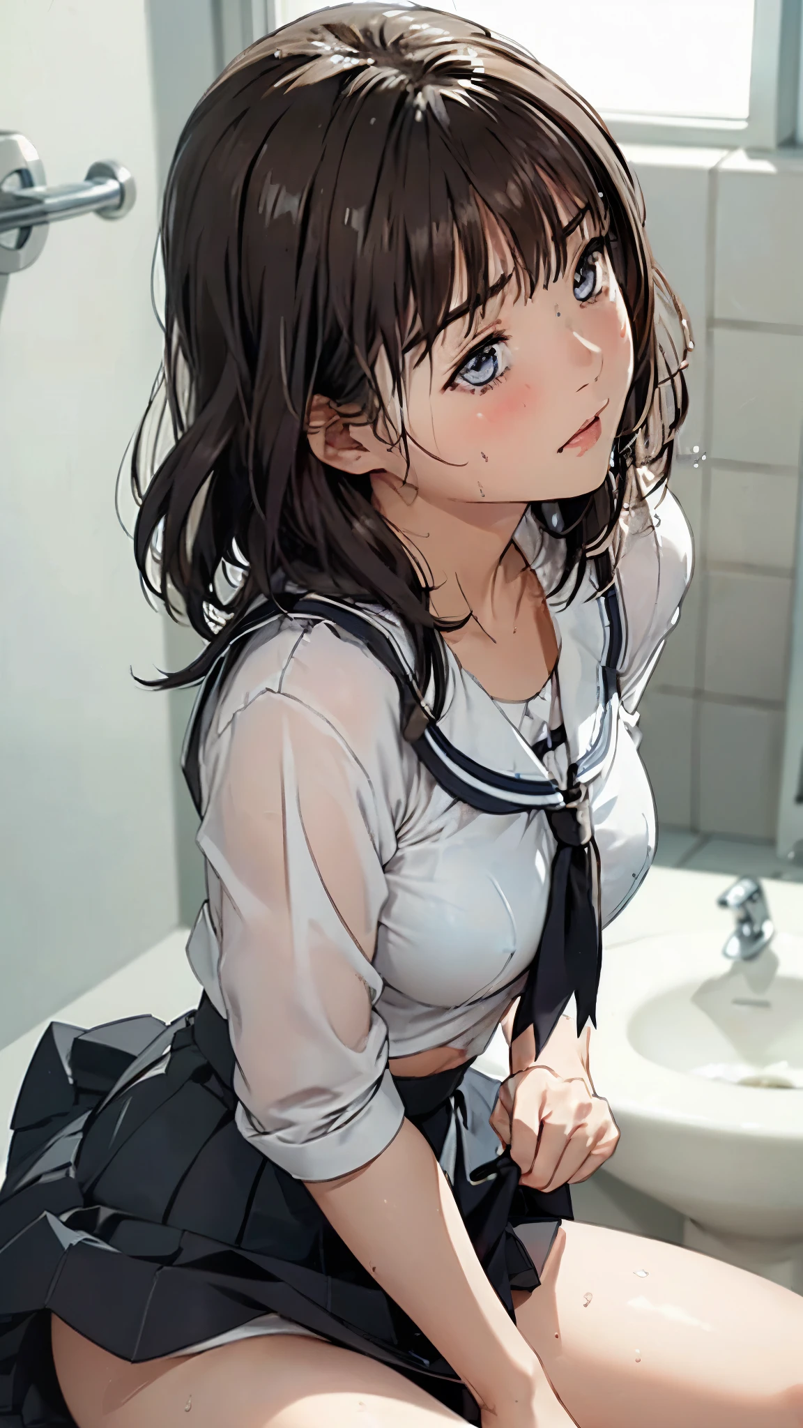 Highest image quality、highest resolution、naughty images、Blow Images、high school girl、Completely naked、standing knee、small breasts、black hair bob、upward glance、Watery eye、Breasts fully visible、Watching from above、School、Drooling from my mouth