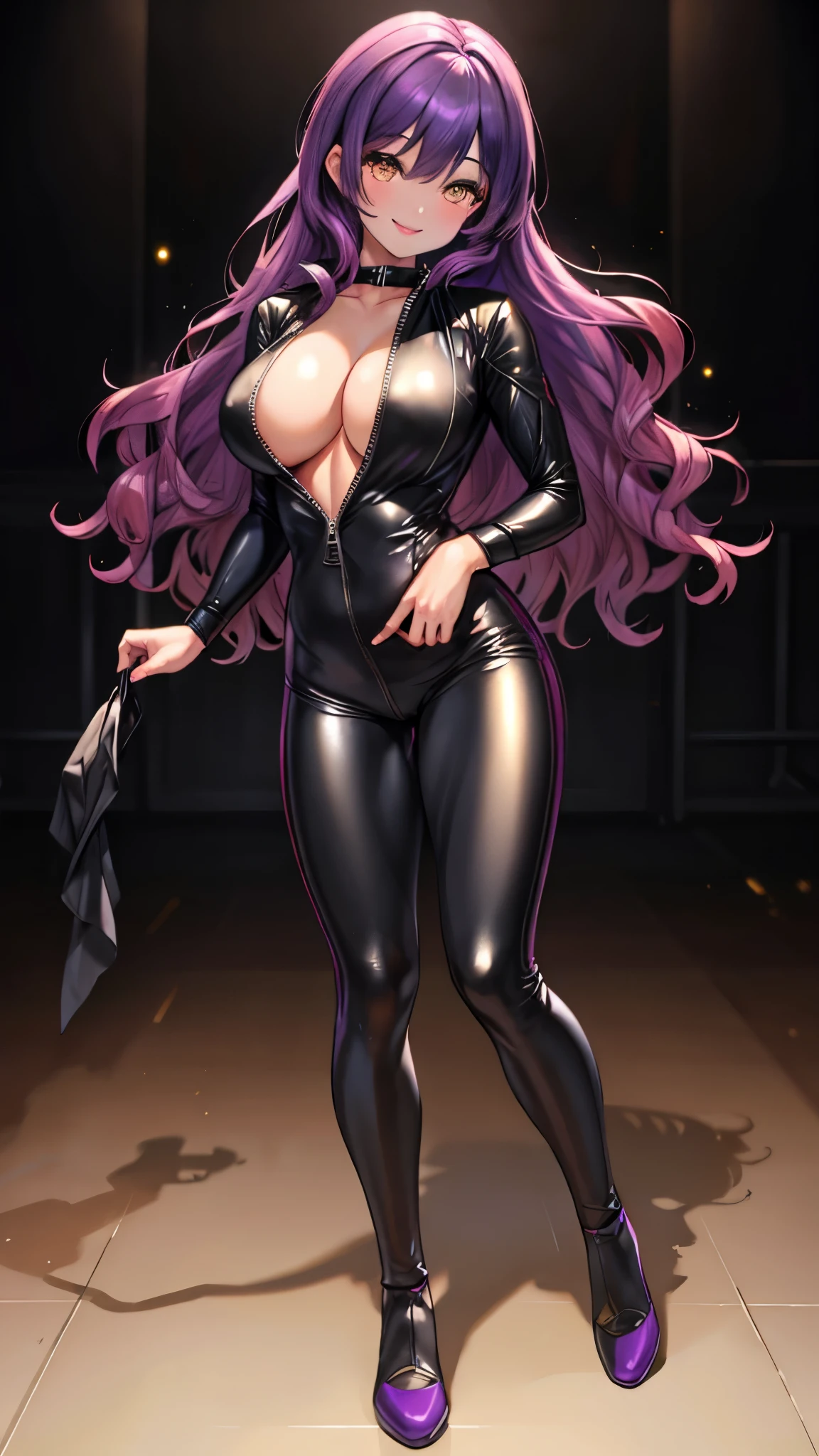 （（super high quality,））（（Ultra-high resolution,））（16K,）（super masterpiece,）（（Ultra HD ,））（Detailed shading,）One sexy mature woman,Tight black full-body suit,popped Tight open collar, Golden purple hair from the ends to half,Wavy hair,Purple-tinged golden eyes,smile,