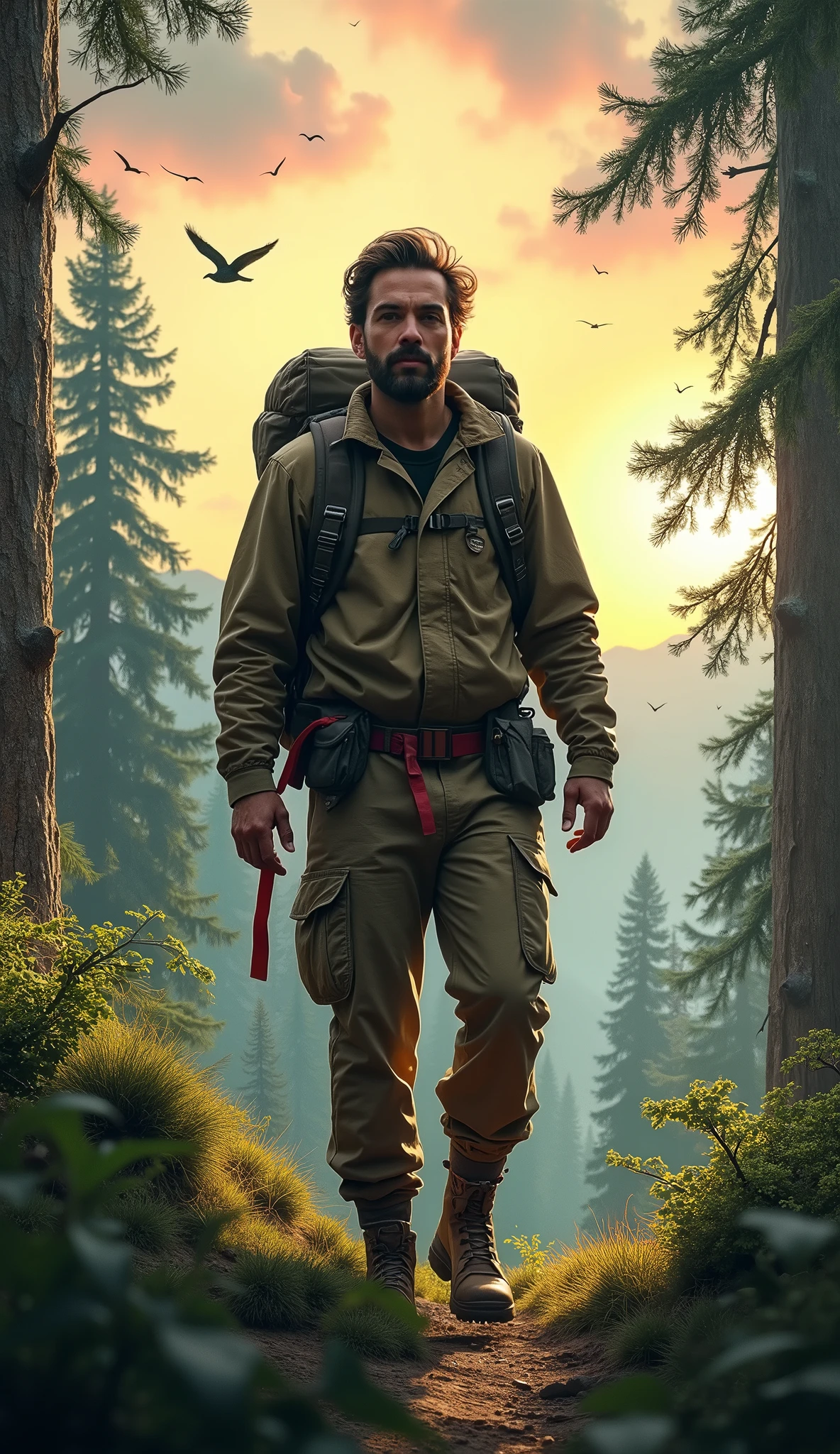 There is a man walking down a path in the woods - SeaArt AI