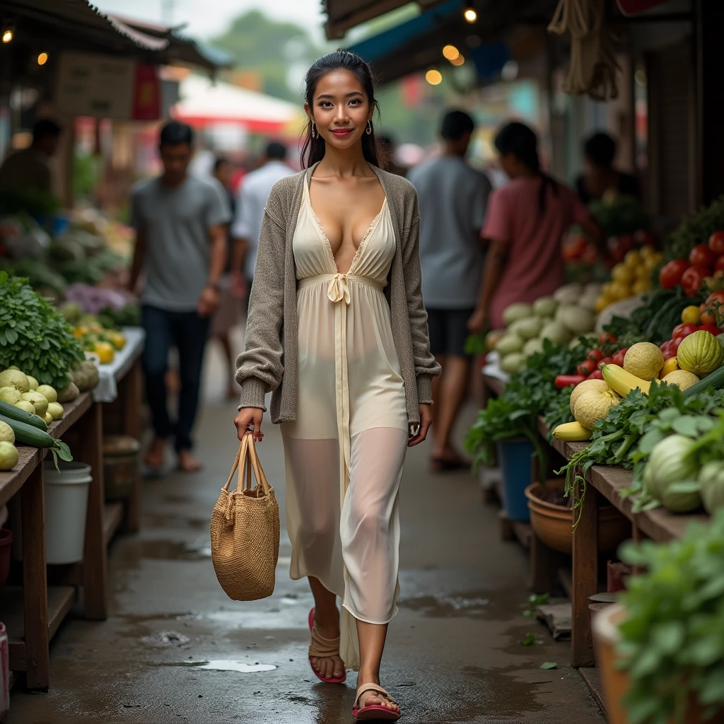 (Masterpiece), (Best quality), photorealism, Realstic, (1fille), seulement, corps parfait, grosse poitrine, sexy, street food, sourire, chemise blanche, ventre, jambes minces