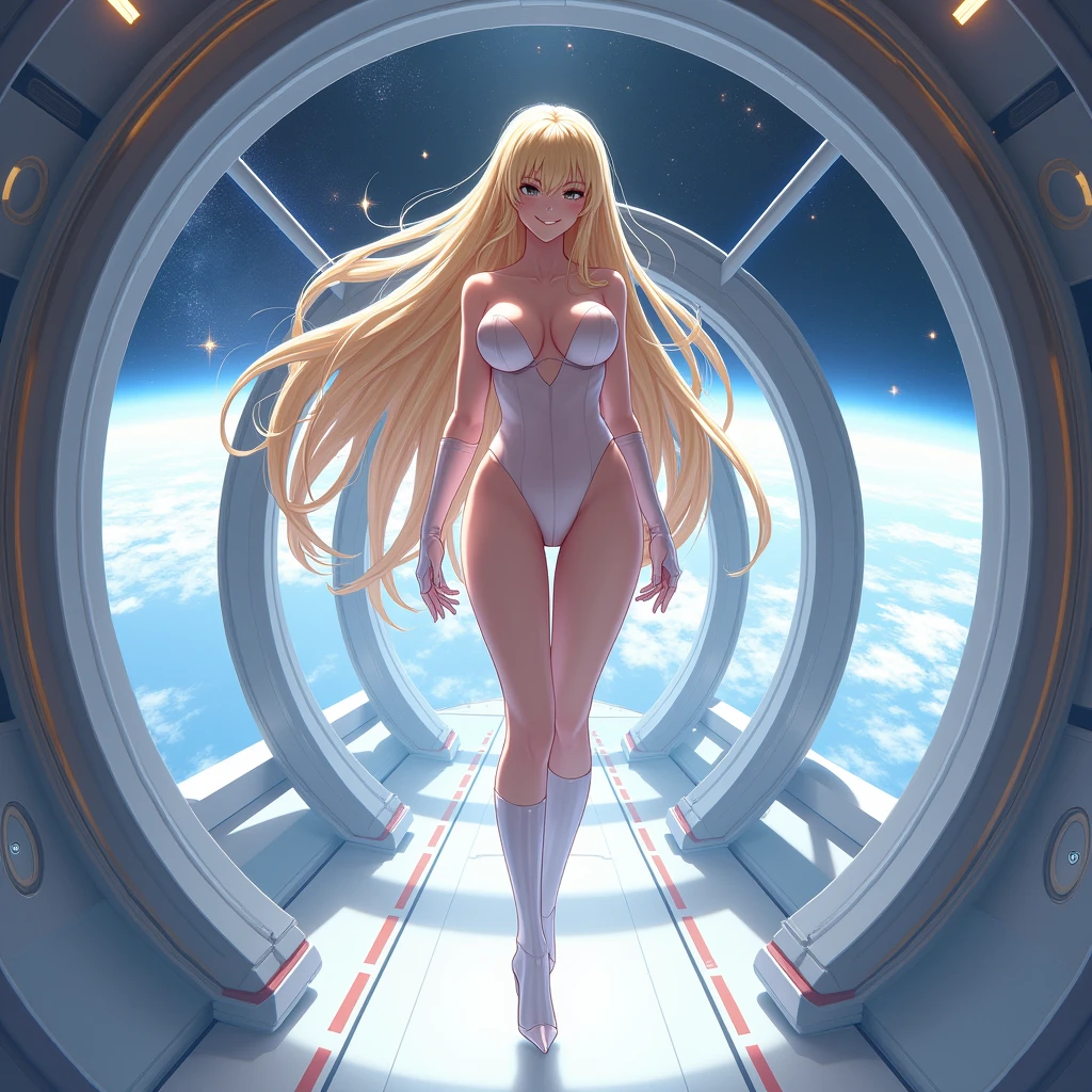 Masterpiece), (Best Quality), (Super Detailed), (Dirty Hair), (Illustration), (1 Girl) (Long Pink Hair 1.5) (Blue Eyes) (Ponytail 2.0),naked,full body, beautiful face, floating in zero gravity on the command deck of a spaceship, her red hair floating, her legs floating a zero gravity open towards me, and her mouth open in a grimace of pleasure, large breasts, planet earth can be glimpsed behind her