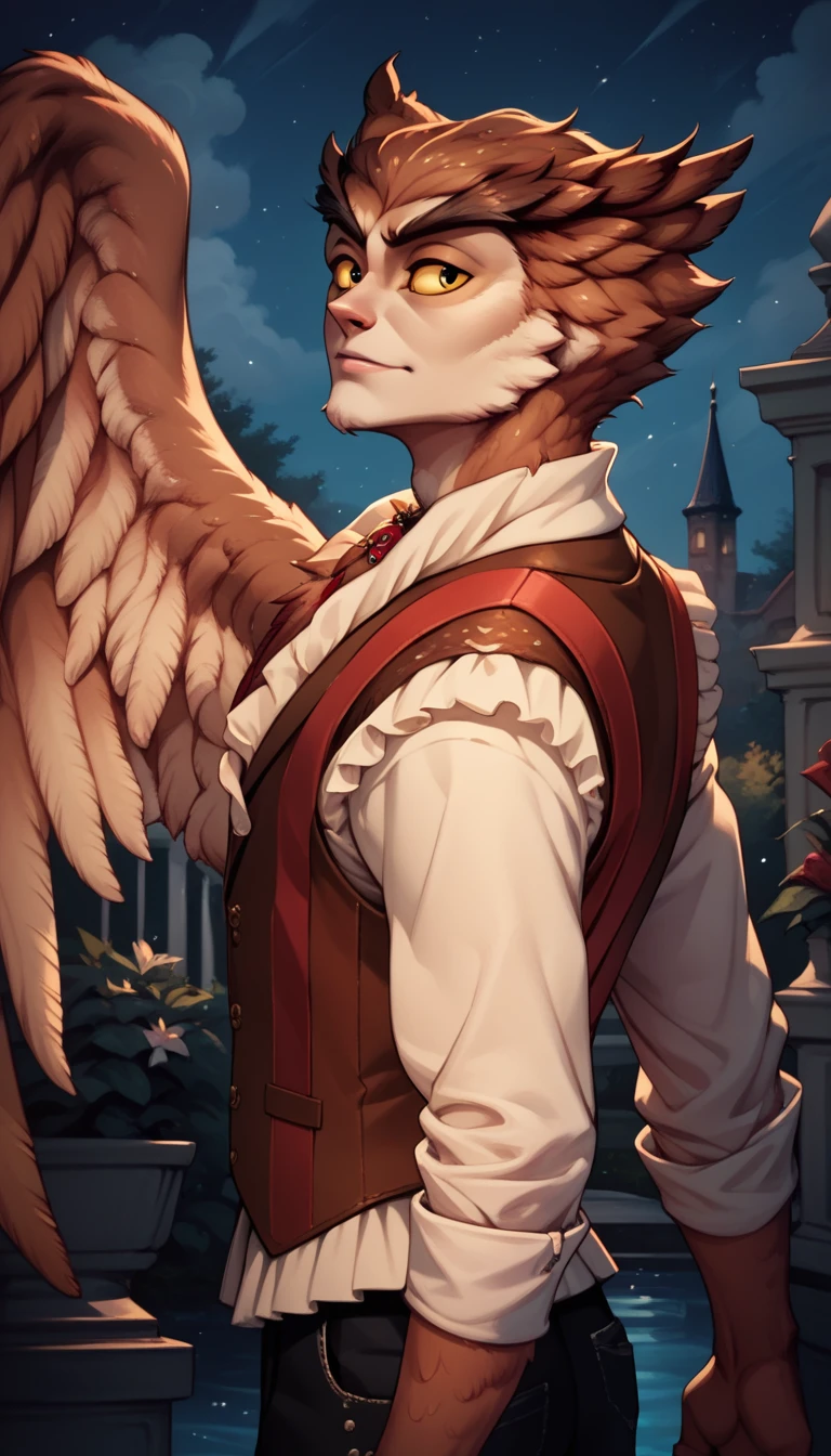 high definition herneval, feathered, wings, 1boy, solo, owl, vest, half body, standing aside a victorian pool, hands behind, detailed background, night, yellow sclera, side view