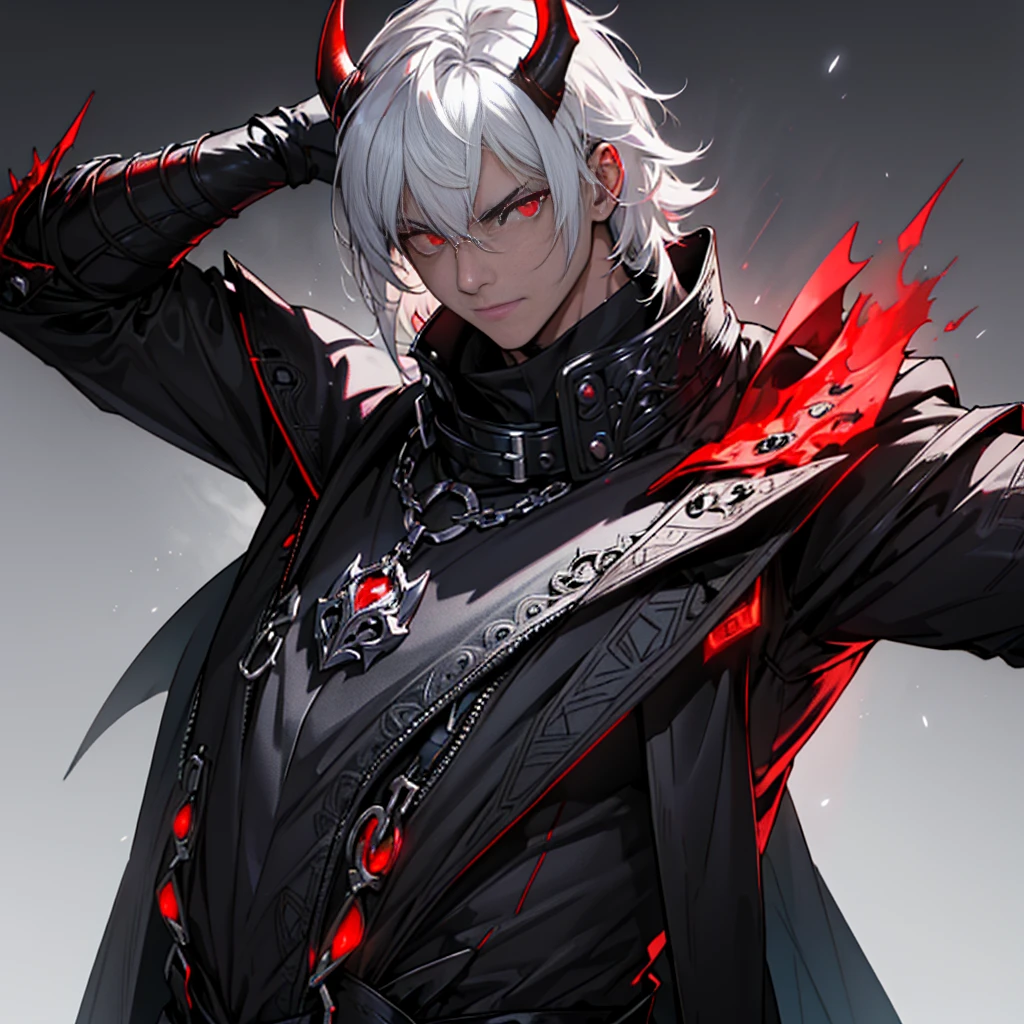 hight resolution,Anime boy with white hair and red eyes staring at camera, Glowing red eyes,slim, dressed in a black outfit,Shadow Body,de pele branca,monochromes,hair messy,Straight face,Diagonal angle masterpiece, best quality, 1man, adult, male focus, solo, short white hair, vibrant red eyes, gloves, looking at viewer, cape, High quality metal texture, demonic armor, closed mouth, metalic gloves, upper body, bangs, high collar,(kbxll:0.6), Fantasy aesthetics, Highly detailed, dark knight, Demon Horns, Viking,