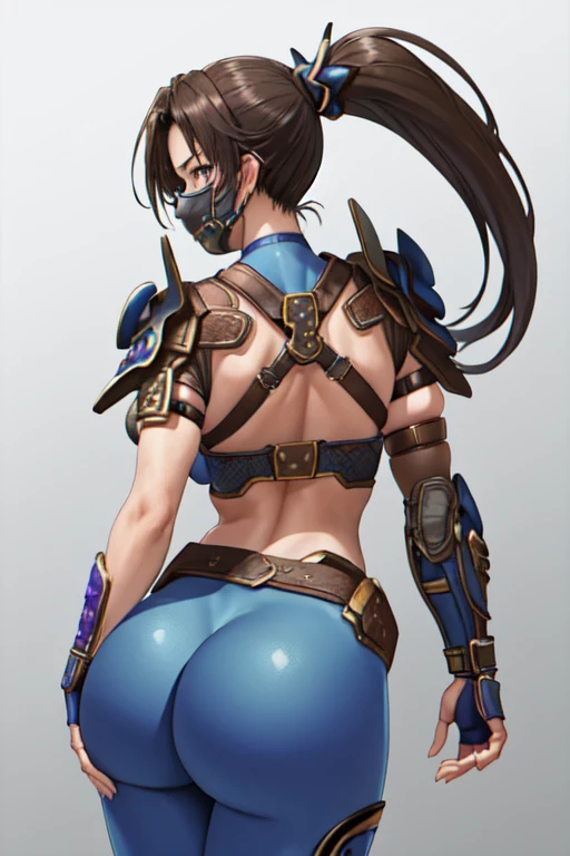 masterpiece, best quality, 1girl, solo, from behind, huge ass, taki, blue bodysuit, fingerless gloves, arm guards, shoulder armor, mask