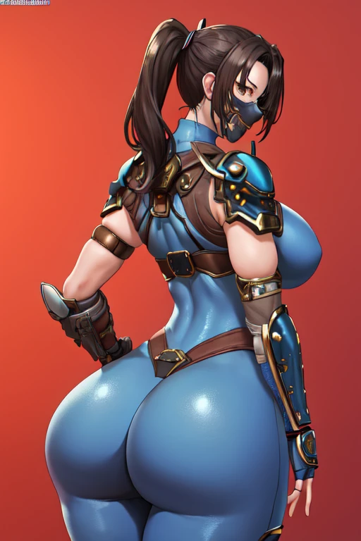 masterpiece, best quality, 1girl, solo, from behind, huge ass, taki, blue bodysuit, fingerless gloves, arm guards, shoulder armor, mask