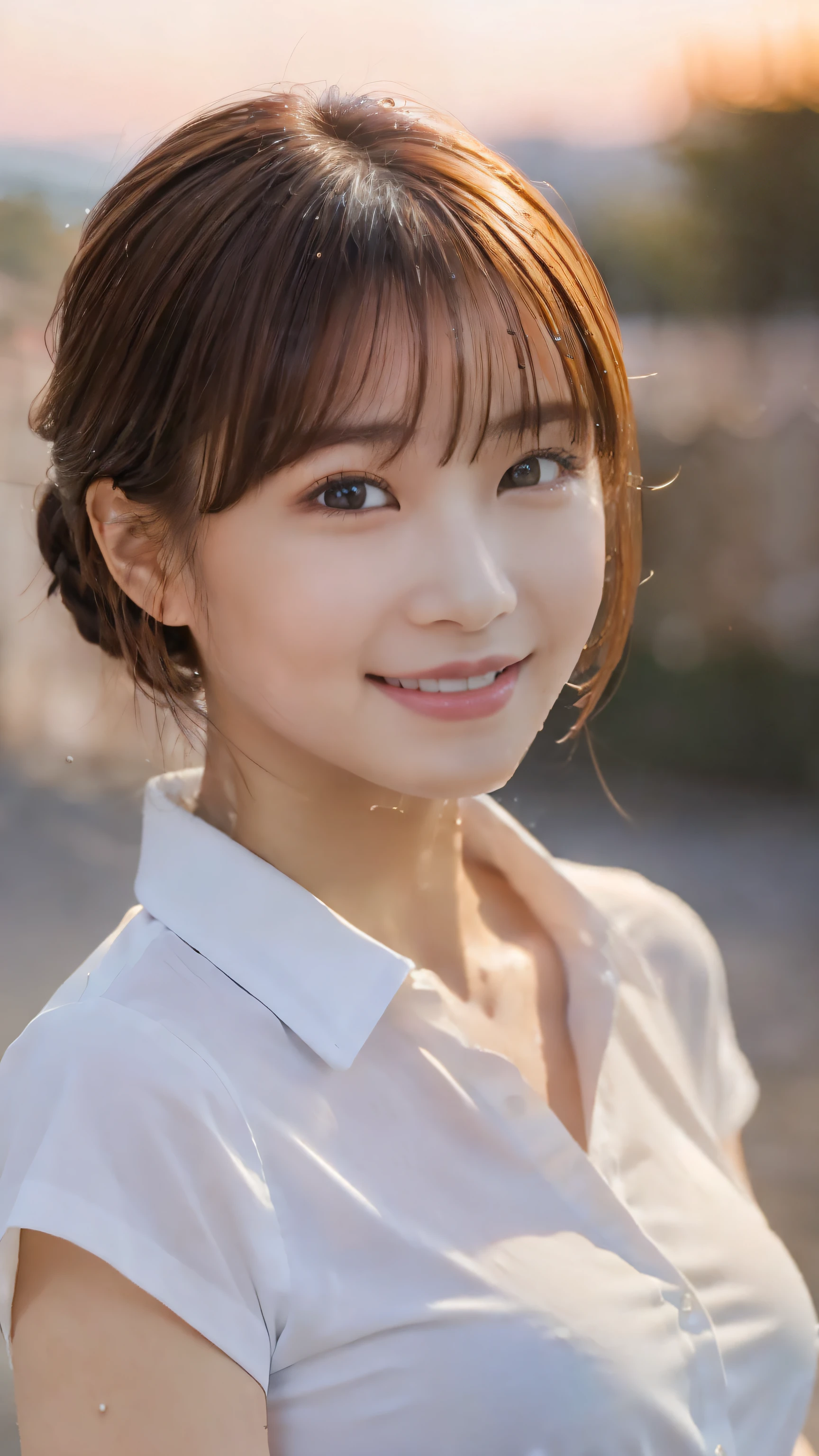 masterpiece, best quality, ultra high res, ultra detailed, sharp focus, 1girl, solo, a stunning pretty and beautiful Japanese sexy model, 19yo, looking at viewer:1.3, (bright smile:0.6), wearing a (blouse), dusk, sunset, night, realistic, Slender, (standing:1.1), (looking at the viewer:1.3), sexy gaze, blush, (upper body shot:1.6), messy hair, asymmetrical bangs, light brown hair, messy hair style, ((Pure white camisole、Hands behind head、Light clothing))、((naked:1.5、Nipples are erect:1.2、Large Breasts:1.2、Short Hair:1.5、ponytail:1.5、Hands behind head:1.5、A fitted shirt:1.5、Wet shirt:1.2、smile:1.2))