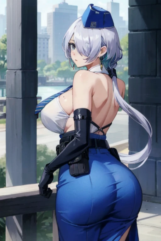 nikkebrid, large breasts, low ponytail, hair over one eye, earrings , garrison cap, sleeveless shirt, long skirt, blue necktie, belt pouch, elbow gloves, high heel boots, from behind, huge butt