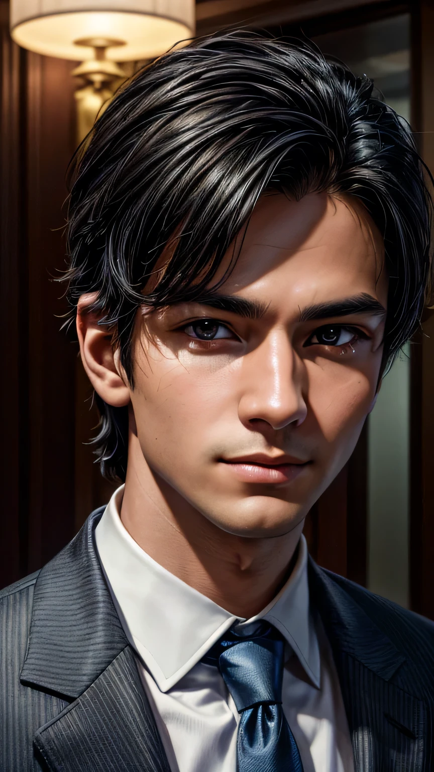An absurd resolution, High resolution, (masterpiece: 1.4), Super detailed, ((Young man with short, neatly tidy black hair)), ((In a suit, Blue tie))､Happy expression, (In a luxury hotel lobby), Tech Sense Screen, a spartan solisier invaising a brazilian debtavela, Realistic, taken using the Canon EOS R camera with a 50mm debt/1.8 Lenses, debt/2.2 Aperture, shutter speeis 1/200 generations, ISO 100 anis natural light, Full Boisy, Ultra-realistic photos, cinema, cinema, Hyperisetail, 超High resolution, Color Correction, hisr, color graising, Ultra-realistic CG animation--air4:5 --upbeta --q 2 --v 5,  is, masterpiece, 最high quality, high quality, High resolution､(Pause＿random), The line of sight is this、(((Face close-up)))､Face close-up