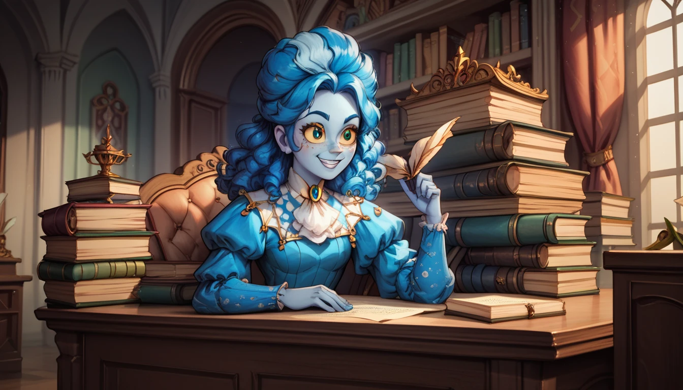 high definition, cute face, frankelda, 1girl, solo, dress, striped, blue hair, puffy sleeves, colored skin, freckles, baroque, upper body, sitting down on green baroque chair, hands on top of a desk, writting in a book, detailed background, dark floral wallpaper, yellow sclera, pile of books aside, innocent smile