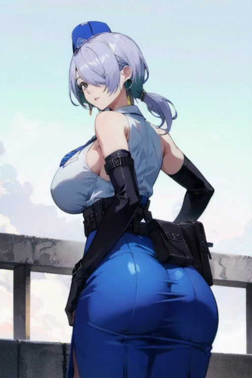 nikkebrid, large breasts, low ponytail, hair over one eye, earrings , garrison cap, sleeveless shirt, long skirt, blue necktie, belt pouch, elbow gloves, high heel boots, from behind, huge butt