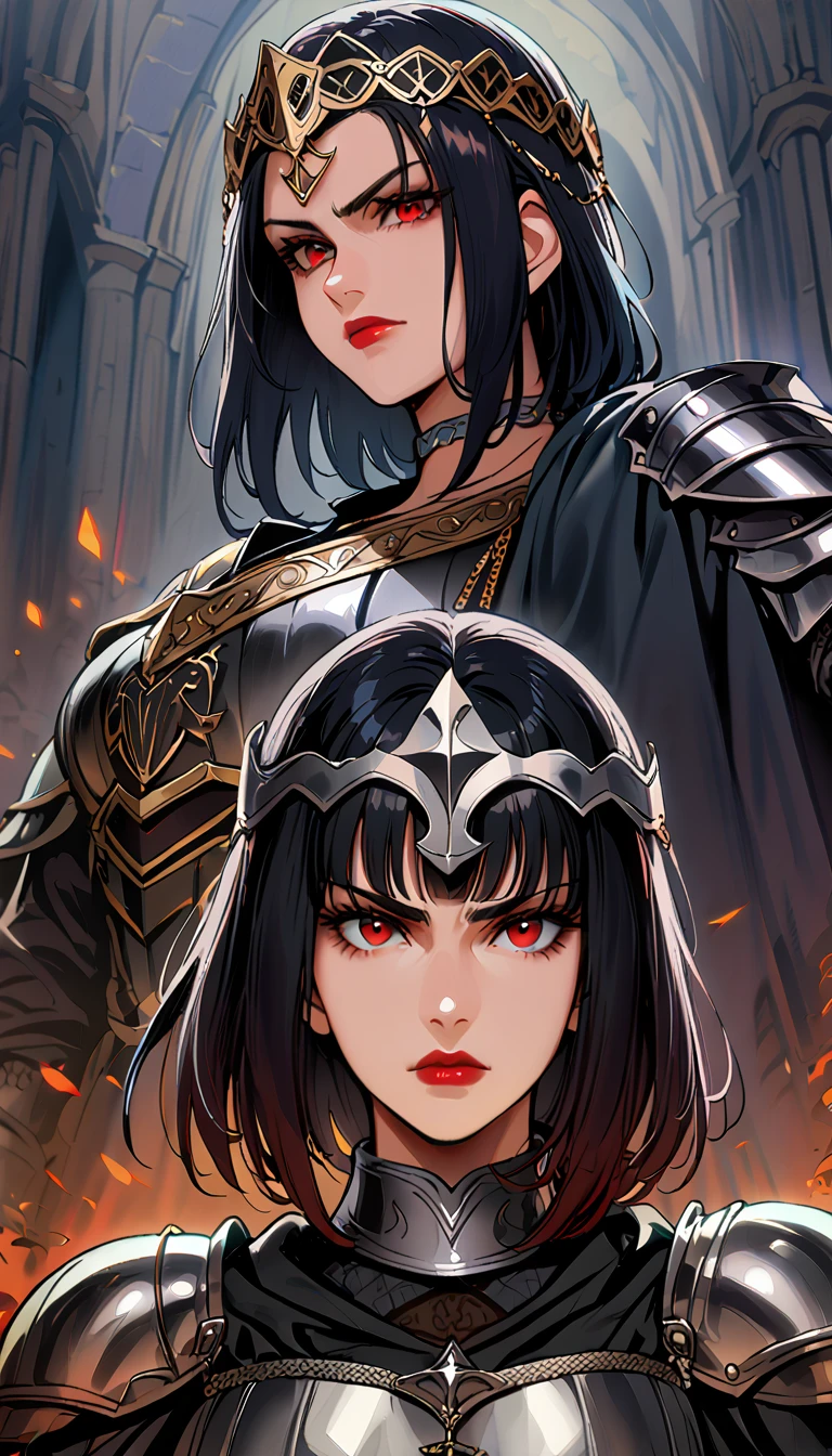 beautiful greek goddess, Promising bust, serious face, Red eyes, Red lips, straight hair, short hair bob style hair, black hair, silver choker (black medieval armor), (shoulder pads), (long black cape), (medieval knight)