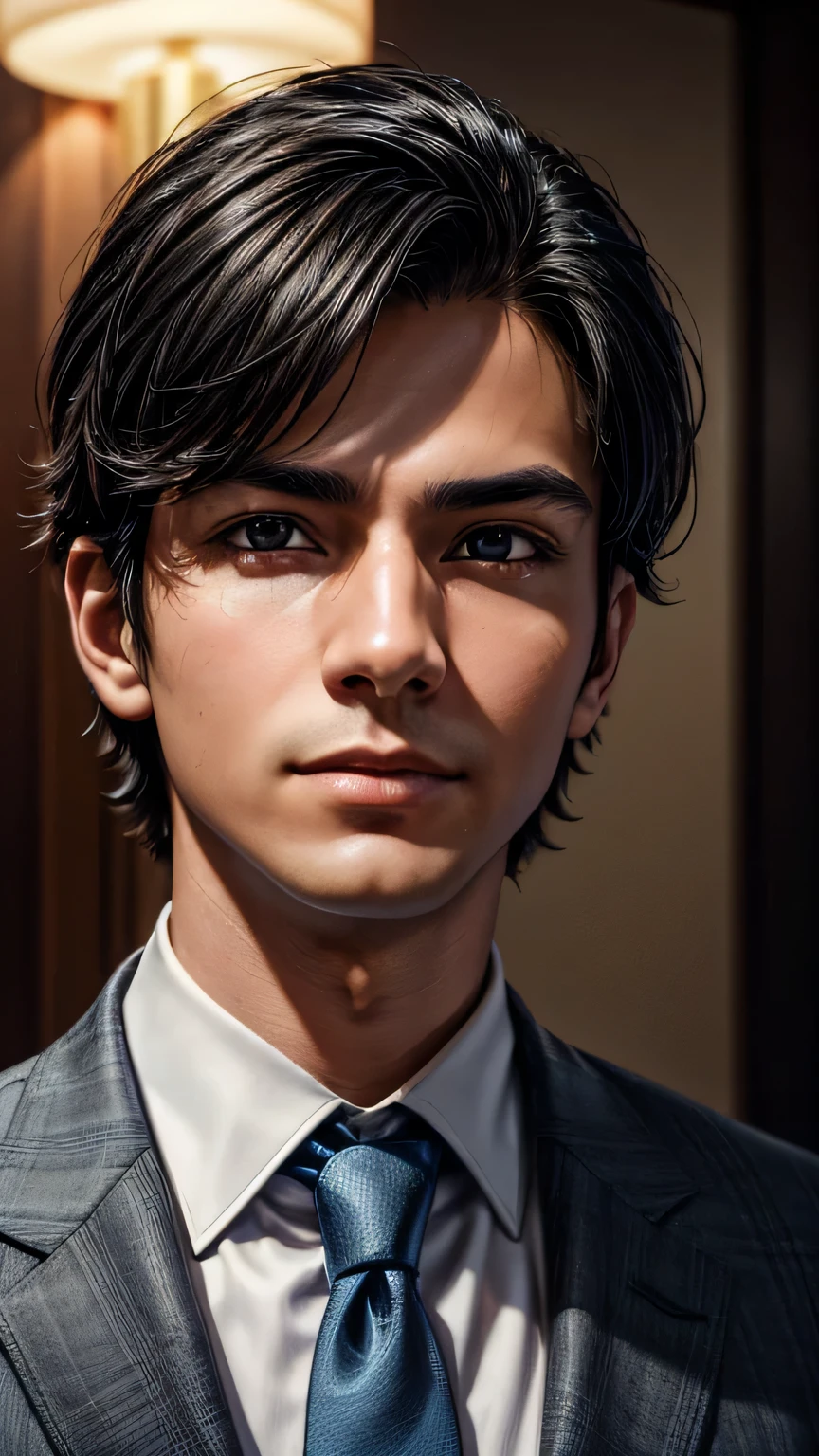 An absurd resolution, High resolution, (masterpiece: 1.4), Super detailed, ((Young man with short, neatly tidy black hair)), ((In a suit, Blue tie))、Happy expression, (In a luxury hotel lobby), Tech Sense Screen, a spartan solisier invaising a brazilian debtavela, Realistic, taken using the Canon EOS R camera with a 50mm debt/1.8 Lenses, debt/2.2 Aperture, shutter speeis 1/200 generations, ISO 100 anis natural light, Full Boisy, Ultra-realistic photos, cinema, cinema, Hyperisetail, 超High resolution, Color Correction, hisr, color graising, Ultra-realistic CG animation--air4:5 --upbeta --q 2 --v 5, is, masterpiece, 最high quality, high quality, High resolution、(Pause_random), The line of sight is this、(((Face close-up)))、Face close-up