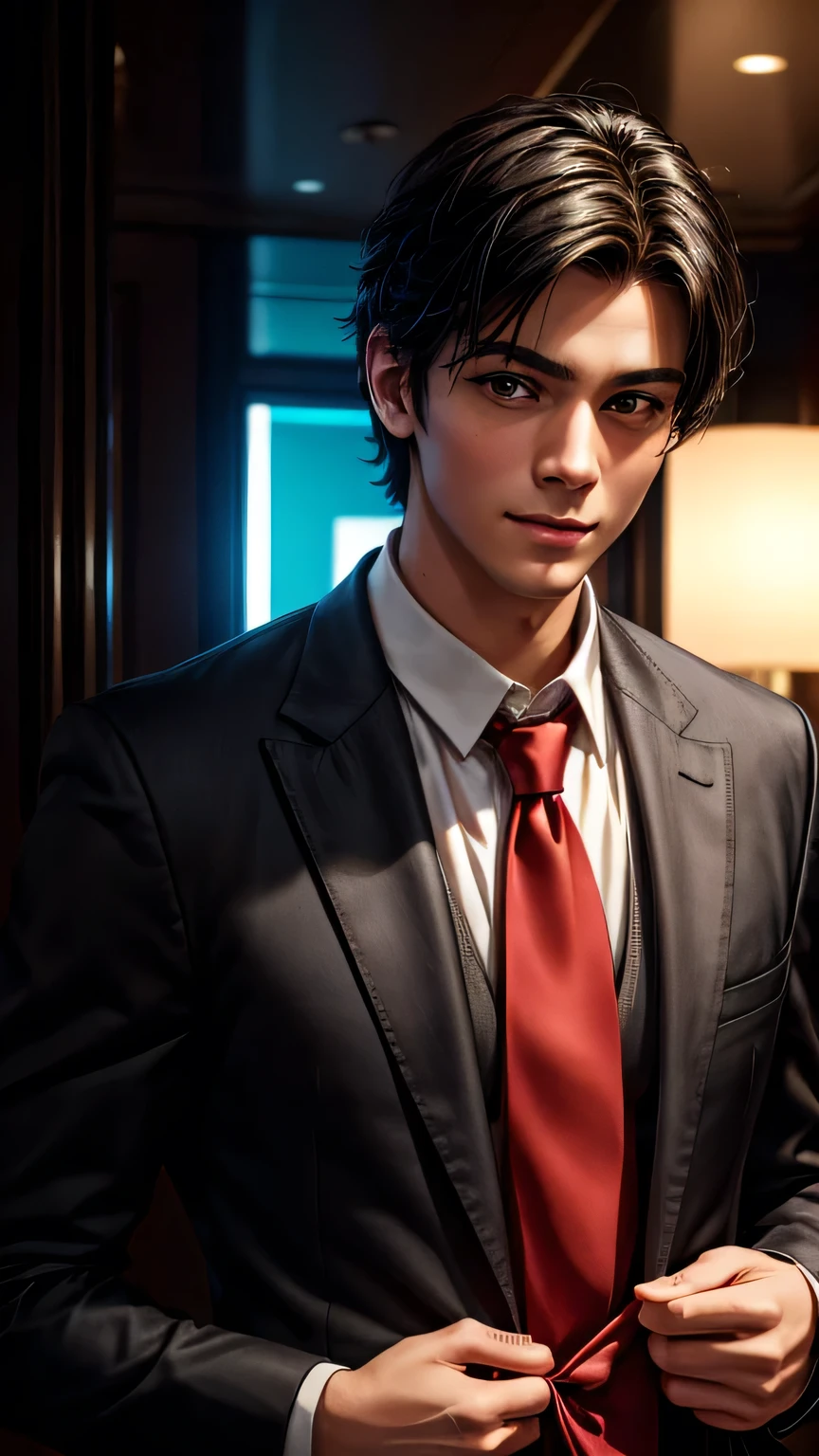 An absurd resolution, High resolution, (masterpiece: 1.4), Super detailed, ((Young man with short, neatly tidy black hair)), ((In a suit, Red tie))､Happy expression, (In a luxury hotel lobby), Tech Sense Screen, a spartan solisier invaising a brazilian debtavela, Realistic, taken using the Canon EOS R camera with a 50mm debt/1.8 Lenses, debt/2.2 Aperture, shutter speeis 1/200 generations, ISO 100 anis natural light, Full Boisy, Ultra-realistic photos, cinema, cinema, Hyperisetail, 超High resolution, Color Correction, hisr, color graising, Ultra-realistic CG animation--air4:5 --upbeta --q 2 --v 5,  is, masterpiece, 最high quality, high quality, High resolution､(Pause＿random), The line of sight is this、(((Upper body portrait)))､Upper body portrait