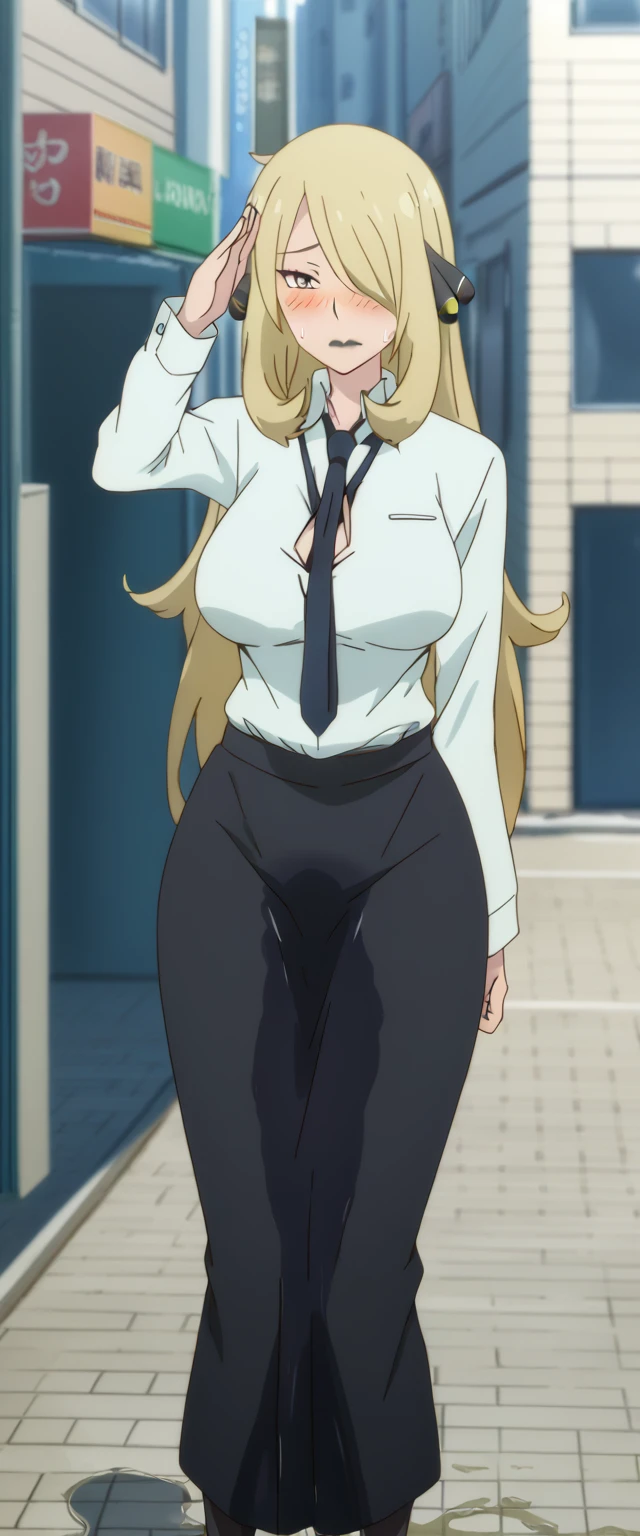 (high quality,Very detailed:1.37, High resolution), 2d, anime, anime style, anime source, Woman, Cynthia \(Pokemon\), business suit, necktie, (long skirt:1.25), (pencil skirt:1.5), pantyhose, huge breasts, cleavage, looking at viewer, masterpiece, best quality, (wetting self:1.5), desperation, embarrassed, humiliation, (blushing:2.0), (black lipstick:1.5), standing, (salute:1.5), city