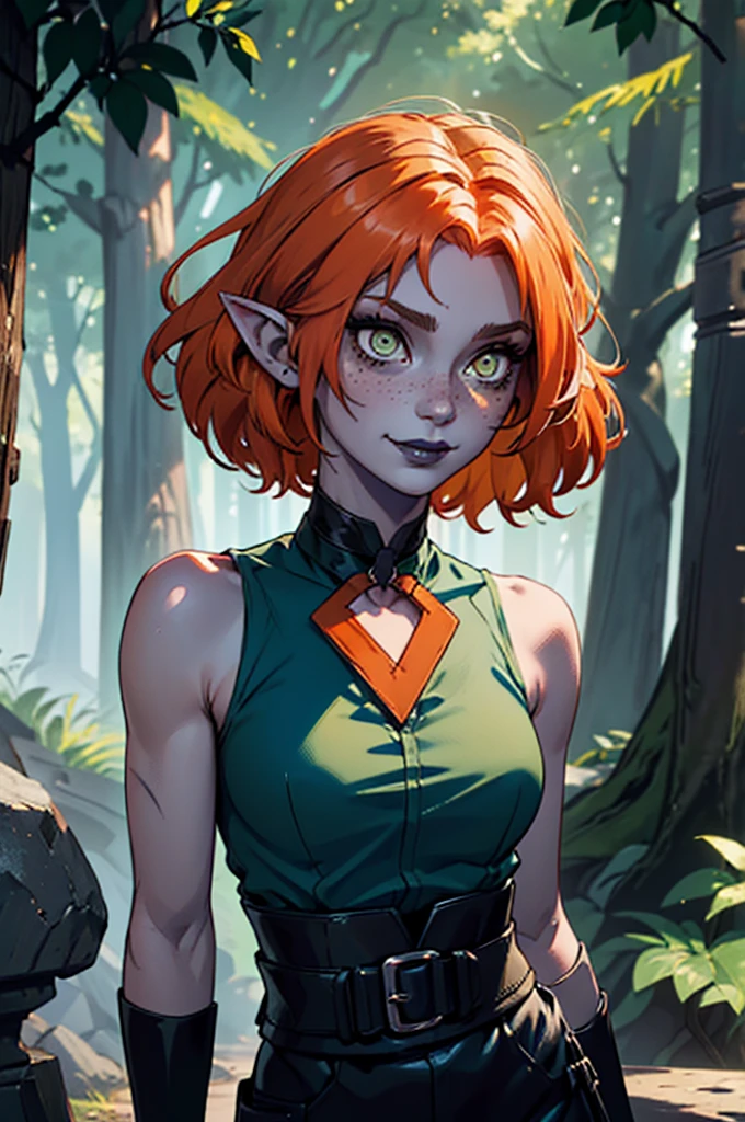 (Best Quality, masterpiece), looking down, wind, particle, forest de fondo, upper body], 1 elf girl, ((gray skin)), black lipstick, make up, ((by the median])), ((orange hair)), (yellow eyes), medium chest, middle part hair, (Scratch scar on cheek), freckles on the face, blue-green blouse, sale, (((blue-green blouse con hombros descubiertos y tirantes))), (blacksmith gloves), (choker, neckless), ((Black biker shorts)), seductive smile, forest