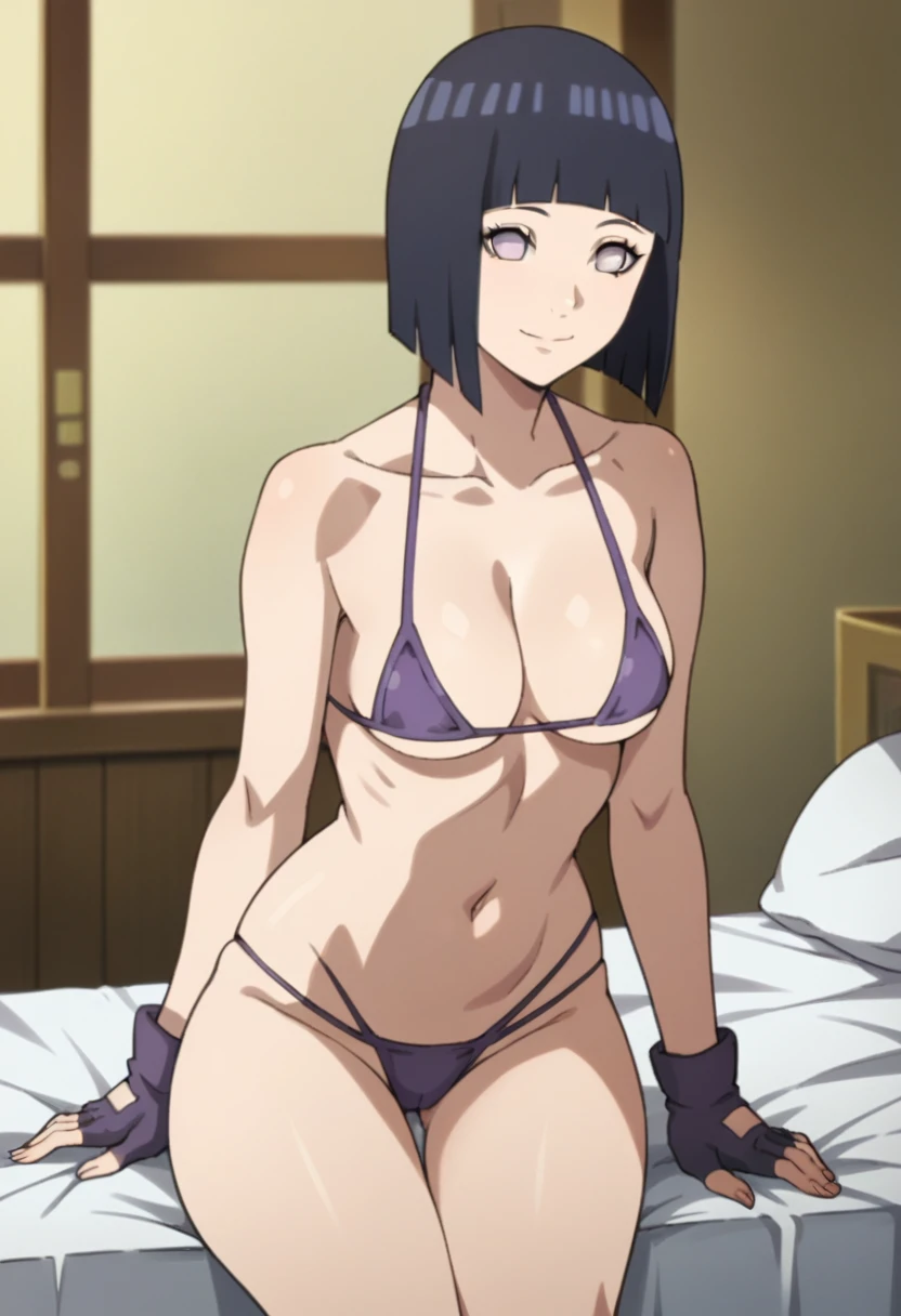 (hinata\(boruto\), (high quality, anime, tall), ((purple microbikini)), ((fingerless gloves)),  slim body, extremely slim waist, off-shoulders, medium breasts, cleavage, smile, closed mouth), (perfect body, perfect Hips, beautiful legs, beautiful body), pale skin, ((dark blue, short hair, hime cut، loose hair), (location: bedroom)
