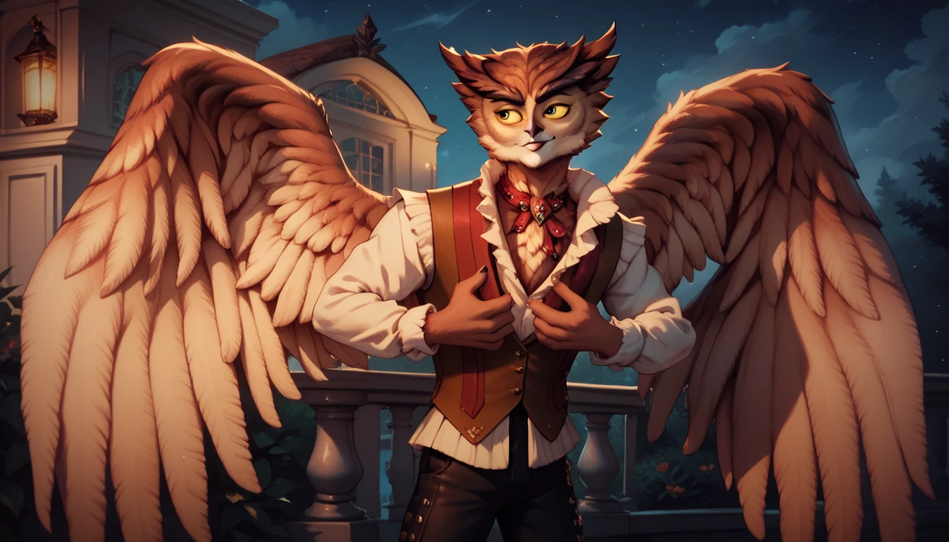 high definition herneval, feathered, wings, 1boy, solo, owl, vest, upper body, standing aside a victorian pool, detailed background, night, yellow sclera, side view, spread wings, looking at left