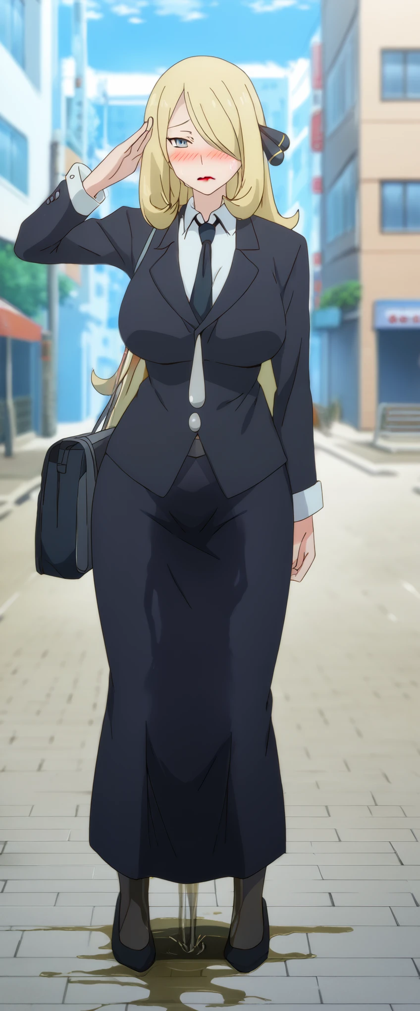 (high quality,Very detailed:1.37, High resolution), 2d, anime, anime style, anime source, Woman, Cynthia \(Pokemon\), business suit, necktie, (long skirt:1.25), (pencil skirt:1.5), pantyhose, huge breasts, cleavage, looking at viewer, masterpiece, best quality, (wetting self:1.5), desperation, embarrassed, humiliation, (blushing:2.0), (black lipstick:1.5), standing, (salute:1.5), city