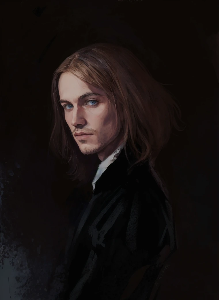 Portrait of Christopher Marlowe as student, white skin, piercing icy blue eyes, silky golden-brown hair, refined features, charp jawline, clean shaved, black Elizabethan velvet jerkin, white laced shirt, Art Nouveau style, Mucha style, Mucha background, realism, high quality1 девочка, 1 девочка, Высокое разрешение, Точность, Высокая детализация, Голландский угол, 