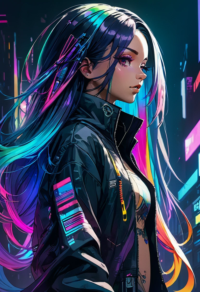 Girl with colourful gradient long hair, cyberpunk, upper body