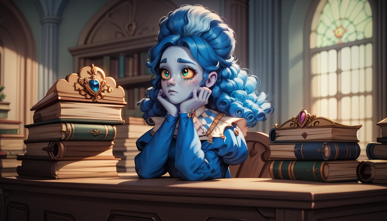 high definition, cute face, frankelda, 1girl, solo, dress, striped, blue hair, puffy sleeves, colored skin, freckles, baroque, upper body, sitting down on green baroque chair, hands on top of a desk, writting in a book, detailed background, dark floral wallpaper, yellow sclera, pile of books aside, side view, look up, sad, night