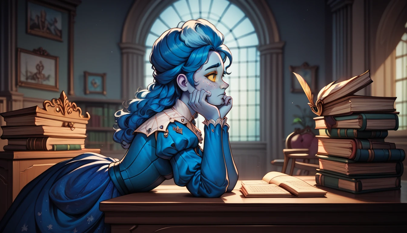 high definition, cute face, frankelda, 1girl, solo, dress, striped, blue hair, puffy sleeves, colored skin, freckles, baroque, upper body, sitting down on green baroque chair, hands on top of a desk, writting in a book, detailed background, dark floral wallpaper, yellow sclera, pile of books aside, side view, look up, sad, night