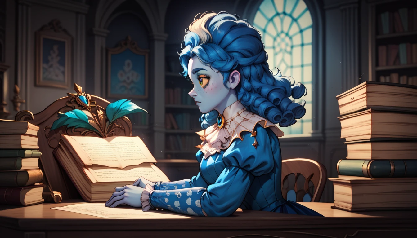 high definition, cute face, frankelda, 1girl, solo, dress, striped, blue hair, puffy sleeves, colored skin, freckles, baroque, upper body, sitting down on green baroque chair, hands on top of a desk, writting in a book, detailed background, dark floral wallpaper, yellow sclera, pile of books aside, side view, look up, sad, night