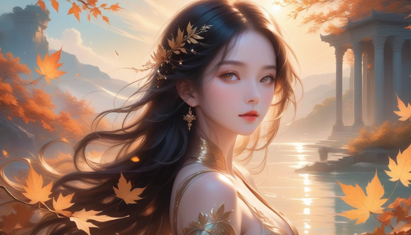 A Masterpiece In 32K Resolution, Supreme Quality, Super Detail, Official Art, Very High-Resolution 32K Wallpaper, Exquisite And Aesthetic, Ultra-Detailed Features, Awe-Inspiring Detail. A Mystical Landscape With (Falling Leaves), (Intricate Wind Patterns), And Skin With A Soft, Velvet Sheen (Highlight Her Ample Breasts). A Character With A Mysterious Expression, Flowing Black Hair, Slightly Tousled But Majestic, And Golden Eyes That Seem To Pierce Through The Soul. Her Features Are Delicate And Alluring, Lit By (Warm Sunset Glow). (Beautifully Detailed Beauty), With Subtle Shifts In Expression, Surrounded By An Otherworldly Aura. The Reflections On The Water Echo The Fine Details Of The Surroundings, With A (Timeless Face) Captured To Perfection. This Is An Ultra-Detailed Painting Of A Strikingly Delicate Figure, Showcasing An Ethereal Charm That Captivates The Viewer.