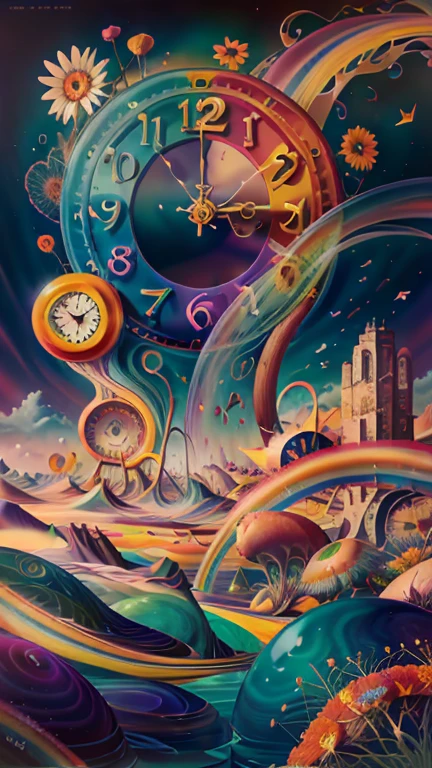 Abstract art, ( Surrealism ) a Surreal scene involving a swirling vortex of rainbow colors, surrounded with silhouettes of flowers, clocks, and hot dogs, vibrant colors, fluid shapes.