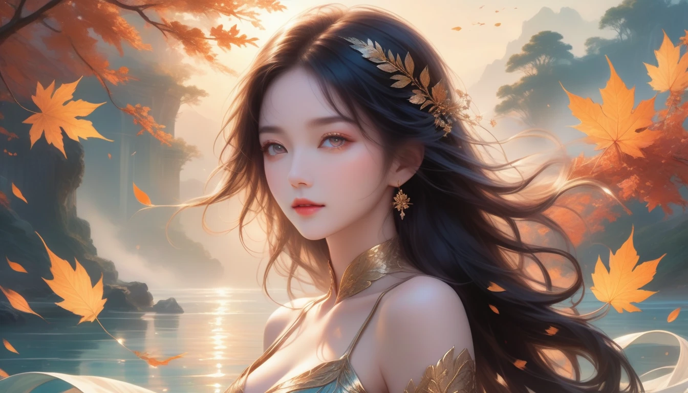 A Masterpiece In 32K Resolution, Supreme Quality, Super Detail, Official Art, Very High-Resolution 32K Wallpaper, Exquisite And Aesthetic, Ultra-Detailed Features, Awe-Inspiring Detail. A Mystical Landscape With (Falling Leaves), (Intricate Wind Patterns), And Skin With A Soft, Velvet Sheen (Highlight Her Ample Breasts). A Character With A Mysterious Expression, Flowing Black Hair, Slightly Tousled But Majestic, And Golden Eyes That Seem To Pierce Through The Soul. Her Features Are Delicate And Alluring, Lit By (Warm Sunset Glow). (Beautifully Detailed Beauty), With Subtle Shifts In Expression, Surrounded By An Otherworldly Aura. The Reflections On The Water Echo The Fine Details Of The Surroundings, With A (Timeless Face) Captured To Perfection. This Is An Ultra-Detailed Painting Of A Strikingly Delicate Figure, Showcasing An Ethereal Charm That Captivates The Viewer.