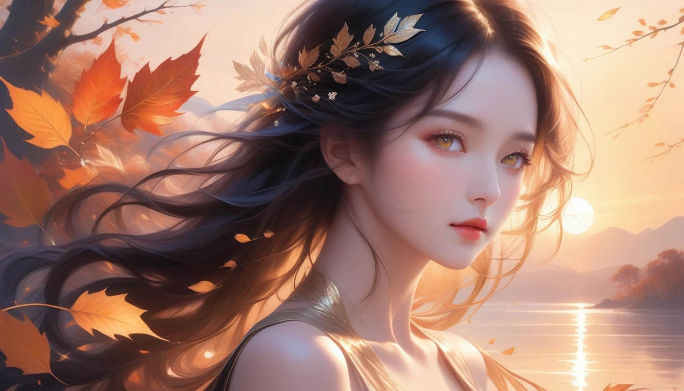 A Masterpiece In 32K Resolution, Supreme Quality, Super Detail, Official Art, Very High-Resolution 32K Wallpaper, Exquisite And Aesthetic, Ultra-Detailed Features, Awe-Inspiring Detail. A Mystical Landscape With (Falling Leaves), (Intricate Wind Patterns), And Skin With A Soft, Velvet Sheen (Highlight Her Ample Breasts). A Character With A Mysterious Expression, Flowing Black Hair, Slightly Tousled But Majestic, And Golden Eyes That Seem To Pierce Through The Soul. Her Features Are Delicate And Alluring, Lit By (Warm Sunset Glow). (Beautifully Detailed Beauty), With Subtle Shifts In Expression, Surrounded By An Otherworldly Aura. The Reflections On The Water Echo The Fine Details Of The Surroundings, With A (Timeless Face) Captured To Perfection. This Is An Ultra-Detailed Painting Of A Strikingly Delicate Figure, Showcasing An Ethereal Charm That Captivates The Viewer.