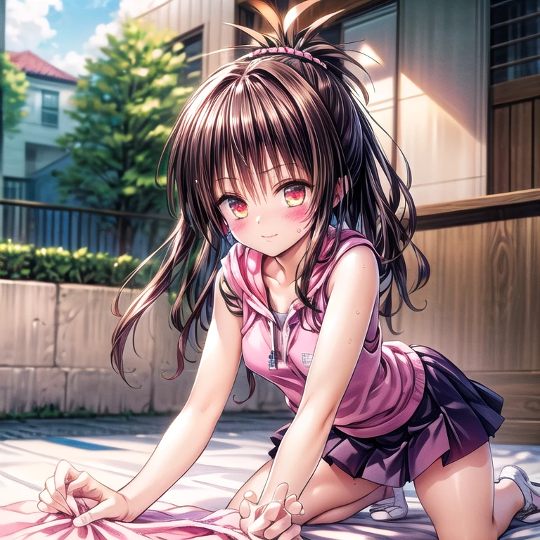 medium breast, realistically, side boob, glowing eyes, ponytail, white mini skirt, Blush, daytime, sweat, see through, sleeveless shirt, perfect pussy, showing pussy, lying down, knees raised, skirt lift, mikan yuki, the skirt is flipped up, smug, sly, highest quality, High resolution, highly detailed face, perfect lighting, Very detailed CG, perfect hands, perfect figure, perfect anatomy, seduce expression, semen drip from pussy, bottomless, tying hair, armpit, athletic figure, full body view, beach background,(((sleeveless pink hoodie, pleated white skirt, tying hair, skirt lift, wind blow skirt up, see through))), cameltoe, outdoor, side boob, condom in hand, bottomless,